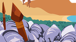 Mussels on a beach with microlith spears and two hikers in the background